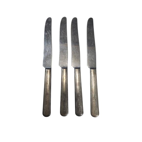 4 Tudor Plate Oneida Friendship-Medality Dinner Knives 9⅛" 1932 Stainless Blade - Picture 6 of 8